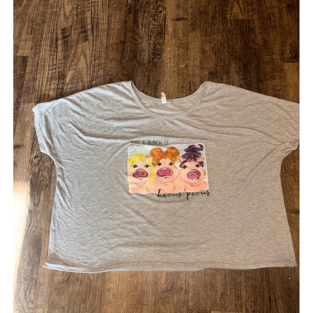 Bella Canvas Hocus Pocus Pig Graphic Tee Gray Heathered Scoop Neck XL